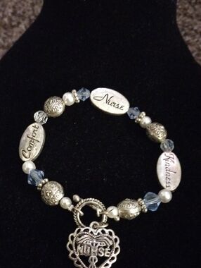 Gold and Blue Beaded Heart Charm Bracelet